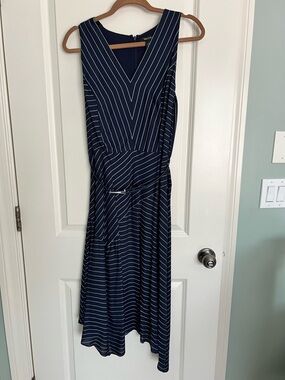White House Black Market Navy and White Striped V-Neck Midi Dress
